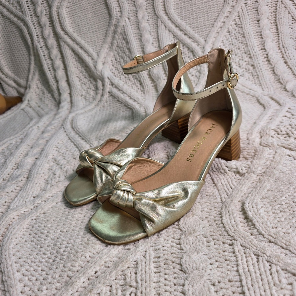 Jack Rogers Knot Heeled Sandal Formal Pumps Gold Metallic Ankle Strap Women 7M